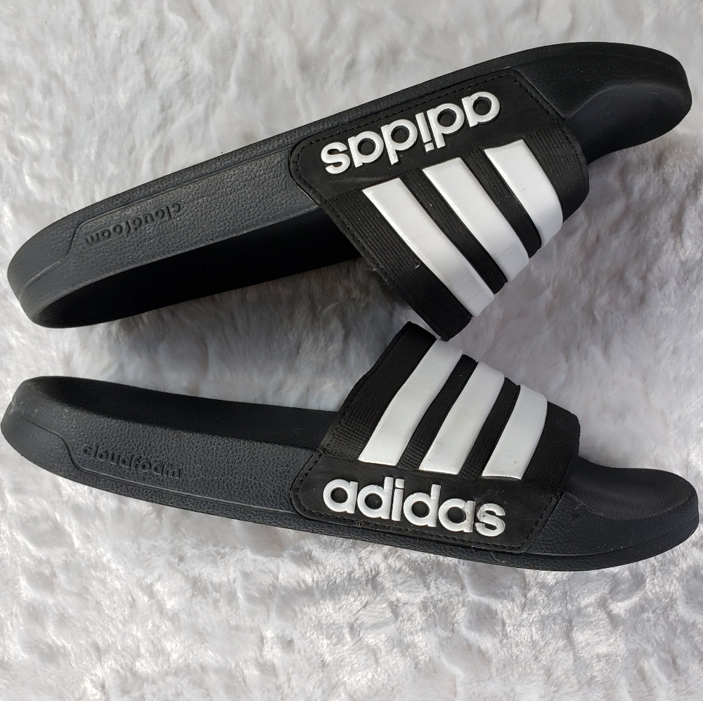 Mens Black and White Adidas Cloudfoam Slides